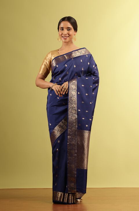 Dark Blue Silk Viscose Woven Banaras Inspired Design Saree