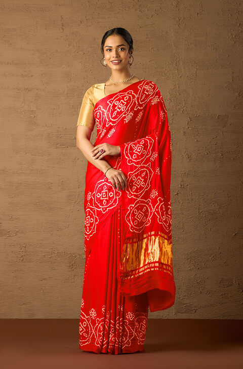Red Gujarat Pure Silk Tie & Dye Bandhni Saree