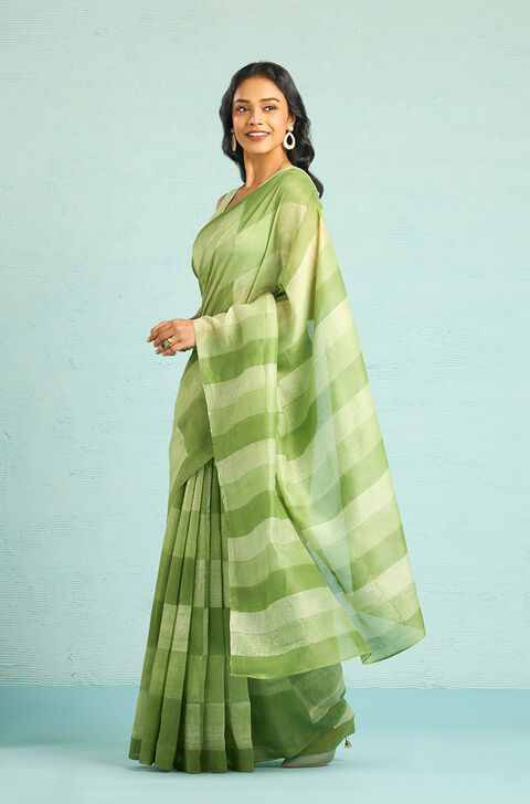 Green Block Printed Pure Silk Cotton Chanderi Saree