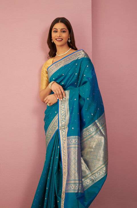 Blue Pure Silk Cutwork Banaras Saree