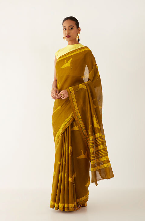 Dark Yellow Pure Silk Cotton Bagru Printed Saree