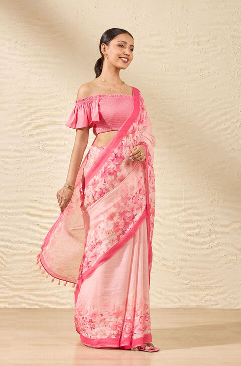 Pink Printed Pure Linen Saree