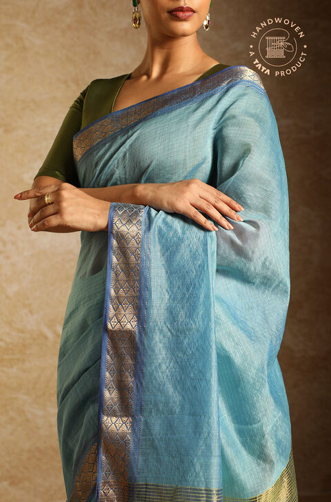 Blue Pure Silk Cotton Woven Maheshwari Saree