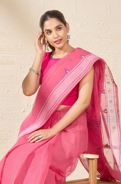 Pink Bengal Pure Cotton Jamdani Saree