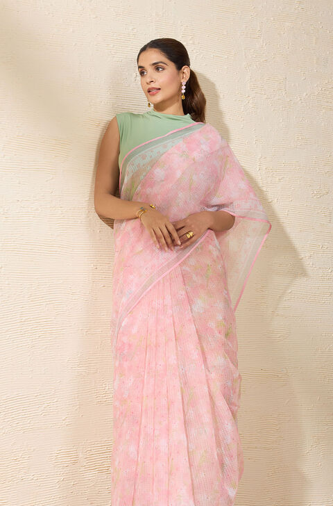 Pink Block Printed Rajasthan Pure Kota Saree