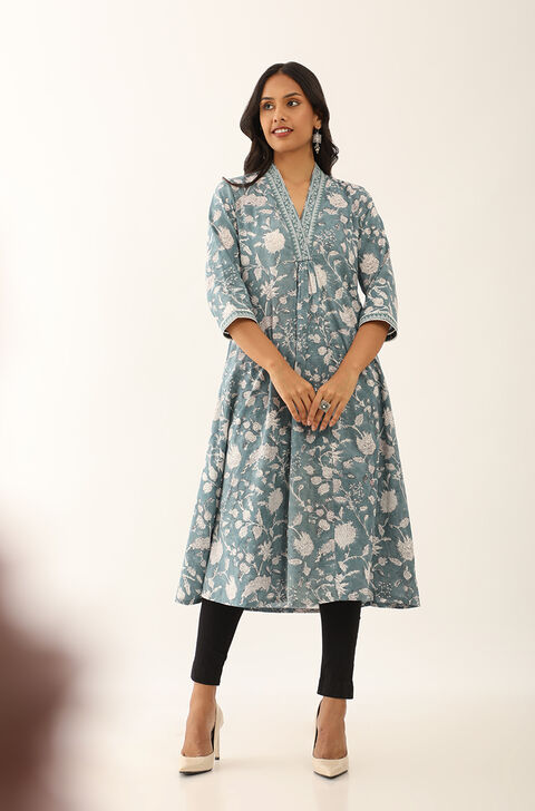 Blue Pure Cotton Block Printed Kurta with Embroidery
